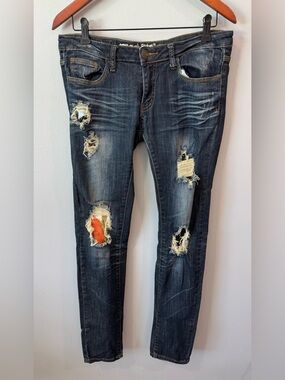 Machine Skinny Distressed Jeans in Dark Blue with Orange Patch